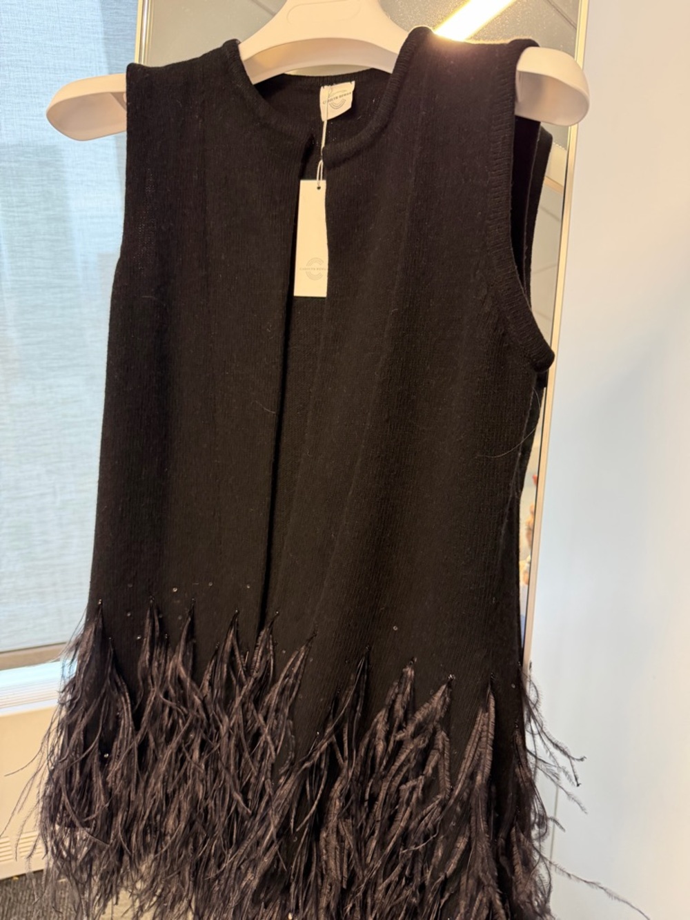 Cashmere Black vest with ostrich  Feather- One Size